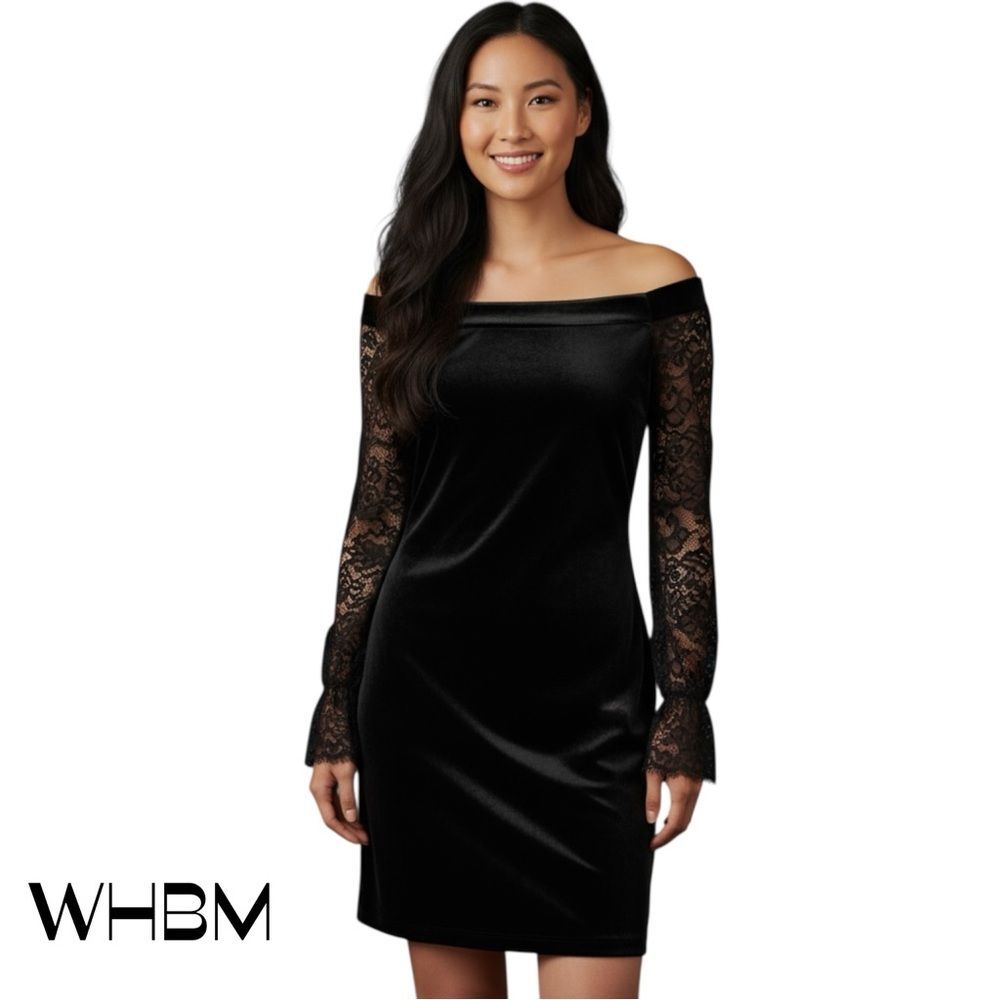 WHBM Black Velvet Lace Off Shoulder Dress NWOT Size 2